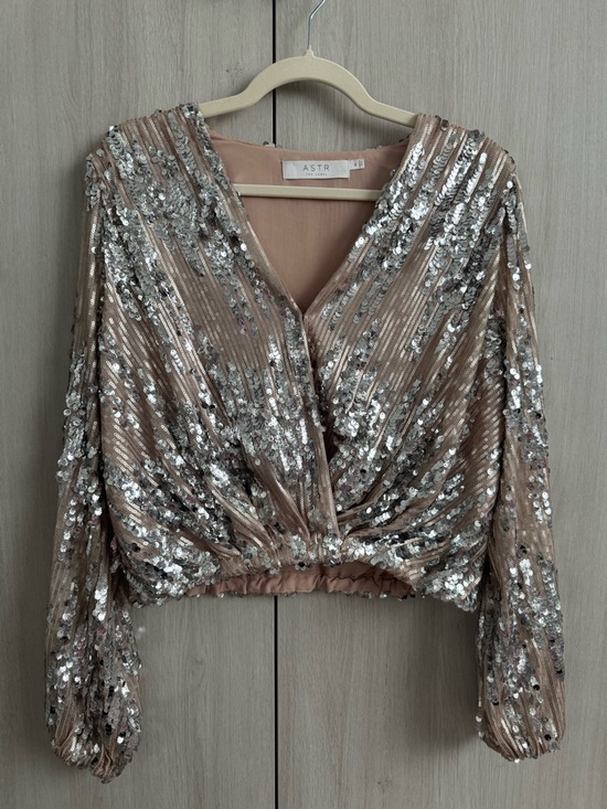 Astr Tops - Astr Sequined Rose Gold Wrap Crop Blouse Sz M